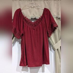 "Always Fabulous Brand" Elegant Lace Trim, V-neck,Burgundy Top